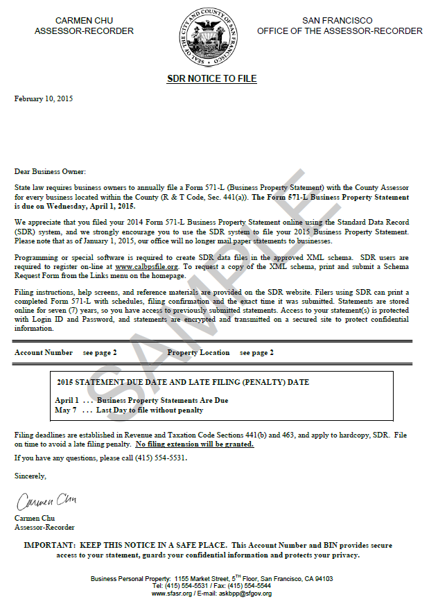 Standard Data Record (SDR) Notice to File