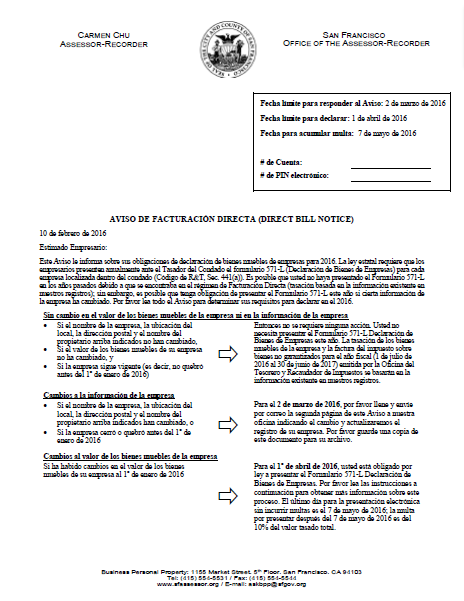 Direct Bill Notice (Spanish - Aviso de facturación directa) | CCSF Office  of Assessor-Recorder