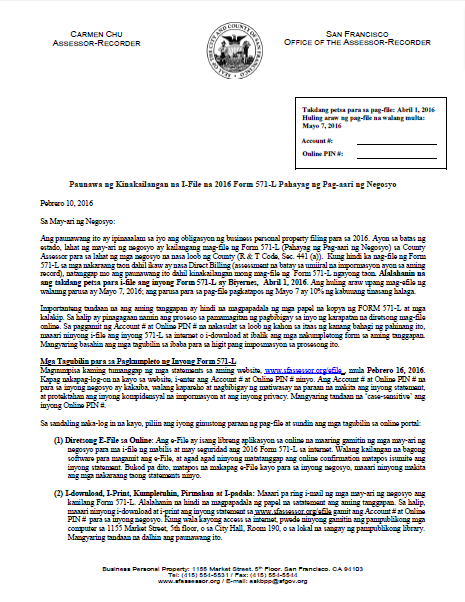 Notice of Requirement to File -- Regular Business (Tagalog - Paunawa ng Kinakailangan na I-File na Form 571-L Pahayag ng Pag-aari ng Negosyo)