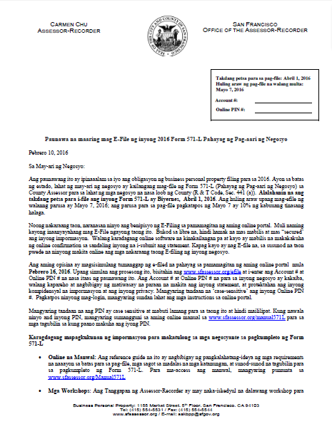 Notice to E-File (Tagalog - Paunawa na maaring mag E-File ng inyong Form 571-L Pahayag ng Pag-aari ng Negosyo) Notice to E-File (Tagalog - Paunawa na maaring mag E-File ng inyong Form 571-L Pahayag ng Pag-aari ng Negosyo)